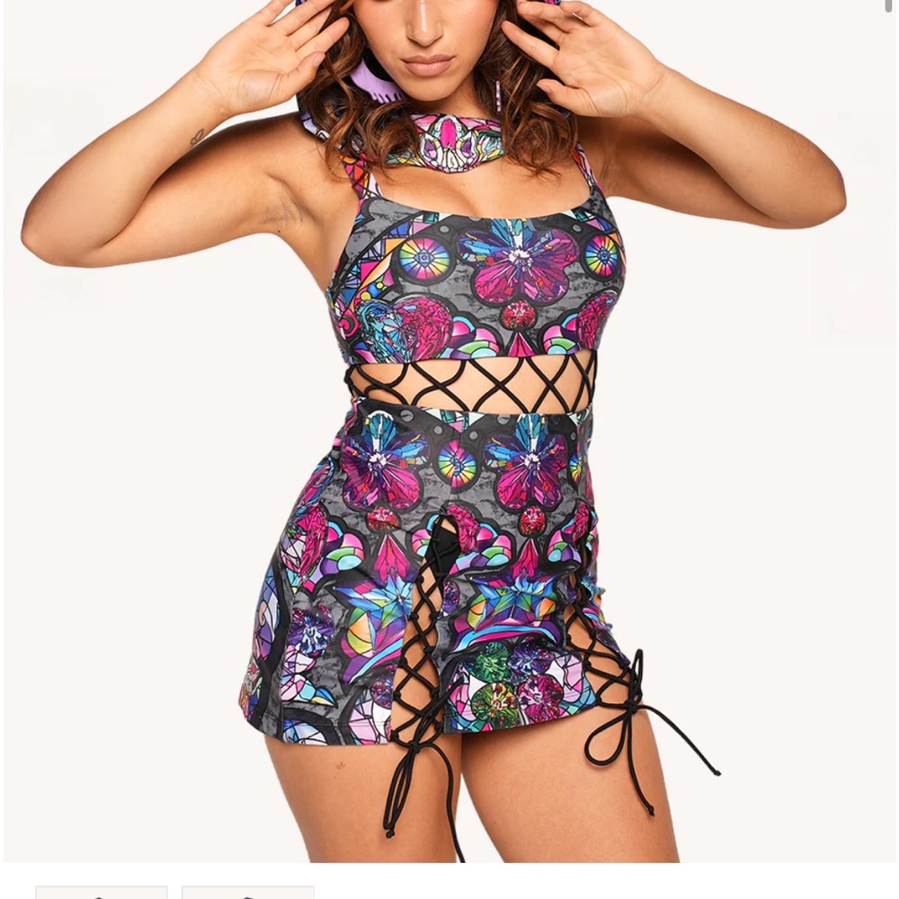 Floral Lace-Up Crop Top and Skirt Set in Multi-Color